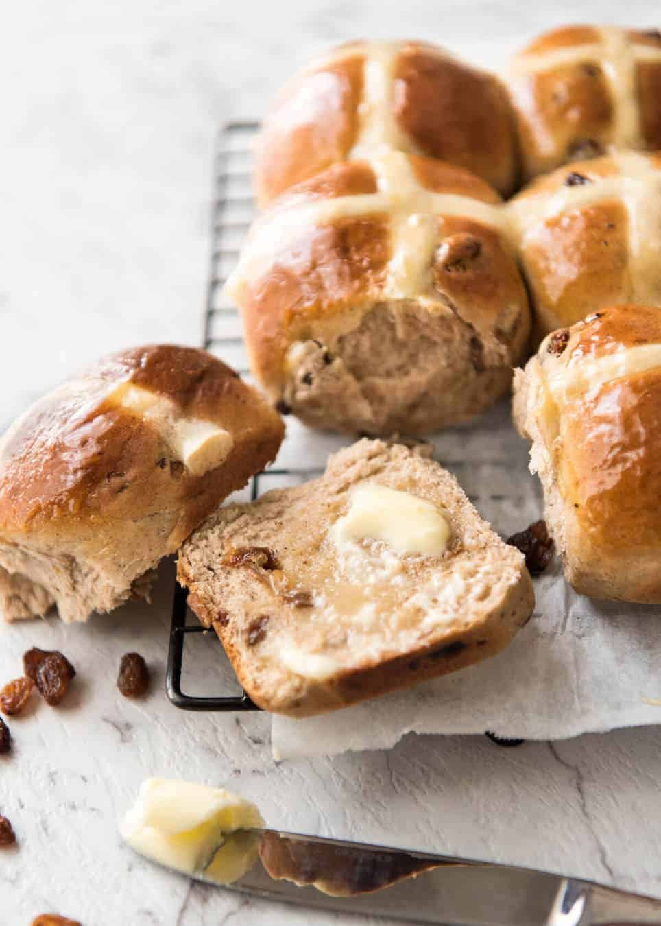 Easy Hot Cross Buns Recipe - perfectly spiced, fluffy and moist, with a no knead, no stand mixer option! www.reciptineats.com