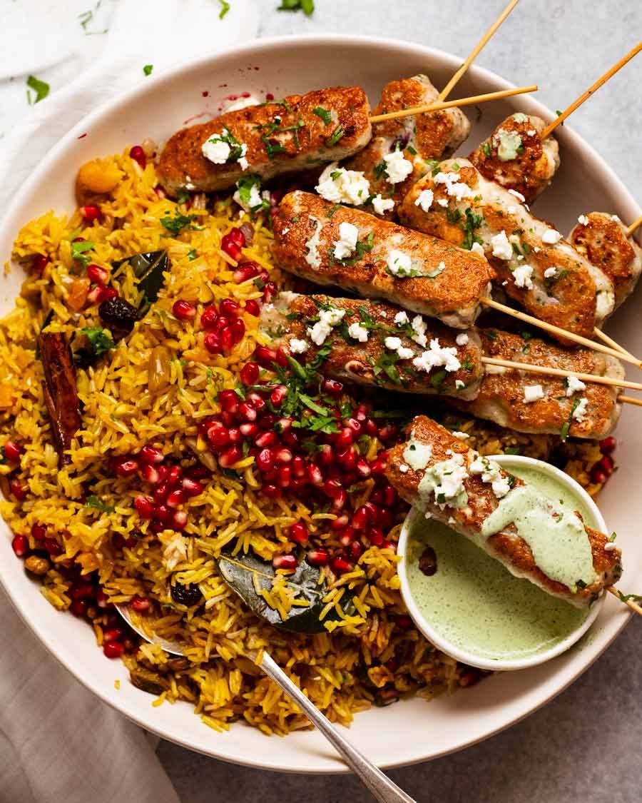 Overhead photo of Jewelled rice with fish koftas