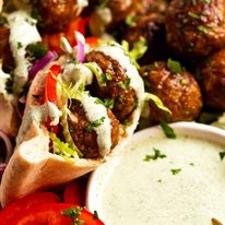 Close up of Moroccan lamb meatballs in pita pockets