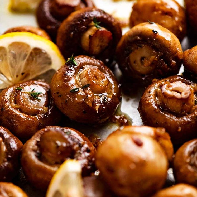 Close up of Garlic Butter Roasted Mushrooms