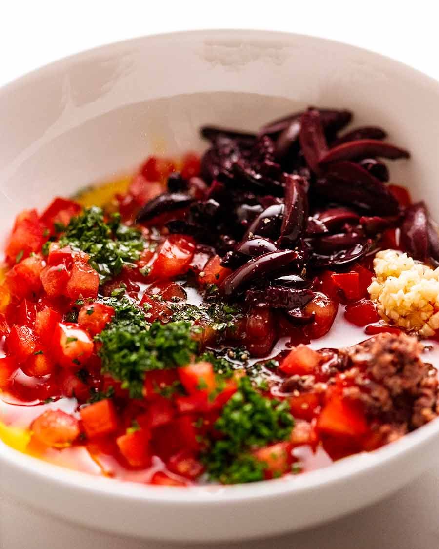 Sauce Vierge ingredients in a bowl