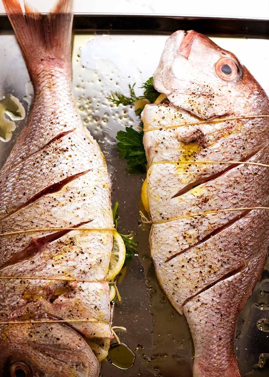 Whole Baked Fish stuffed and ready to bake