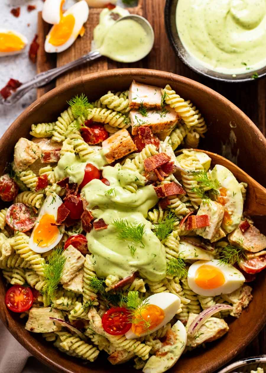 Pasta Salad with Avocado Ranch Dressing in a salad bowl ready to be served