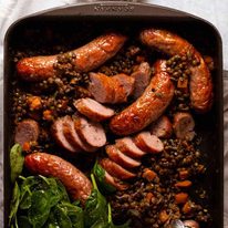 One pan baked sausage and lentils fresh out of the oven