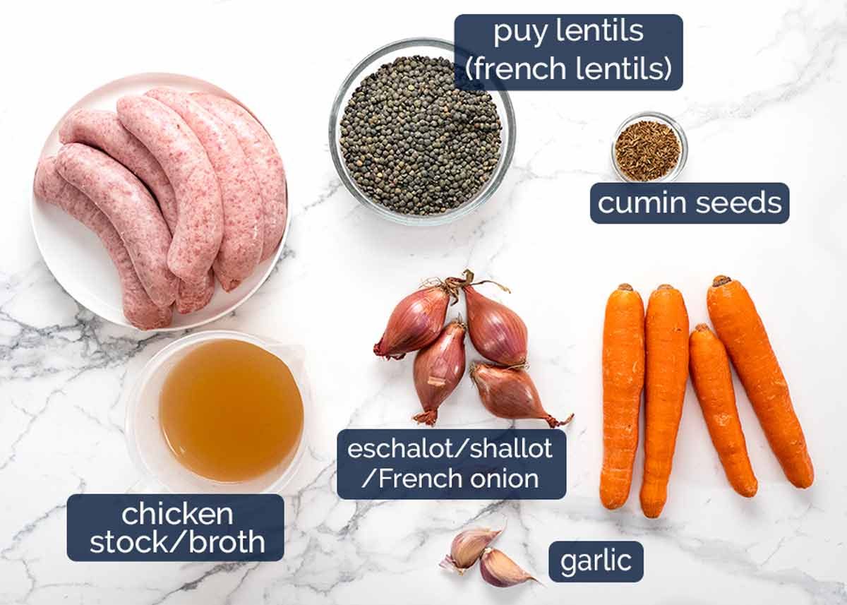 Ingredients in One pan baked sausage and lentils