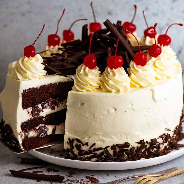 Close up of a slice of Black Forest Cake ready to be served