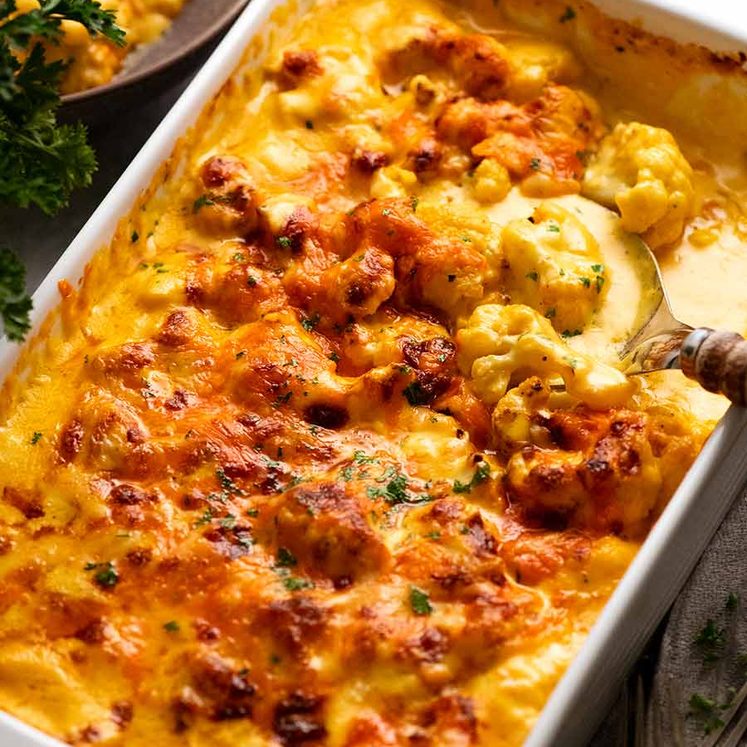 Cauliflower Cheese in a baking dish, fresh out of the oven ready to be served