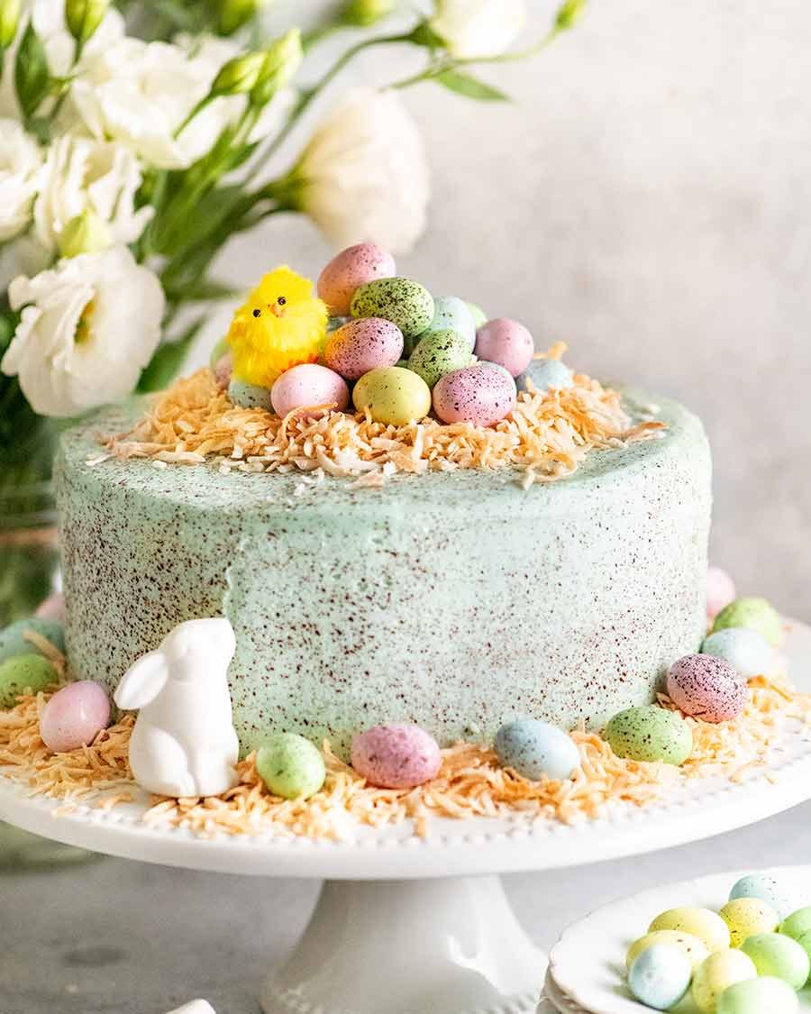 Easter Cake on a white stand, ready to be served