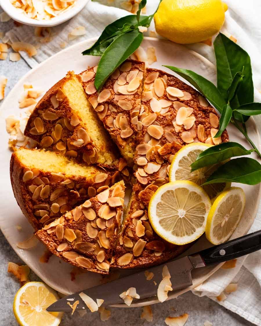 Overhead photo to Lemon coconut almond cake