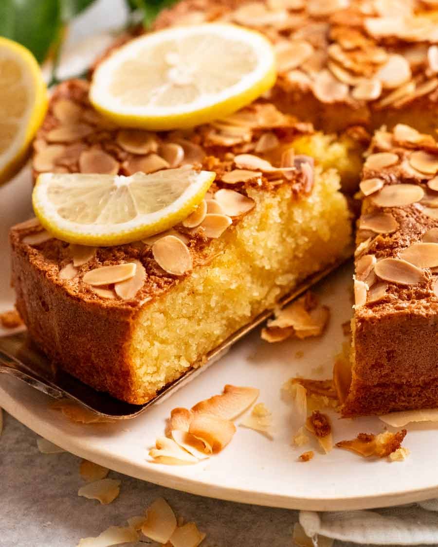 Close up of a slice of Lemon coconut almond cake