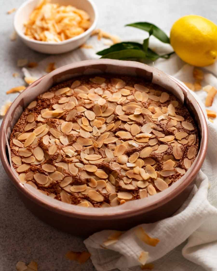 Lemon coconut almond cake fresh out of the oven