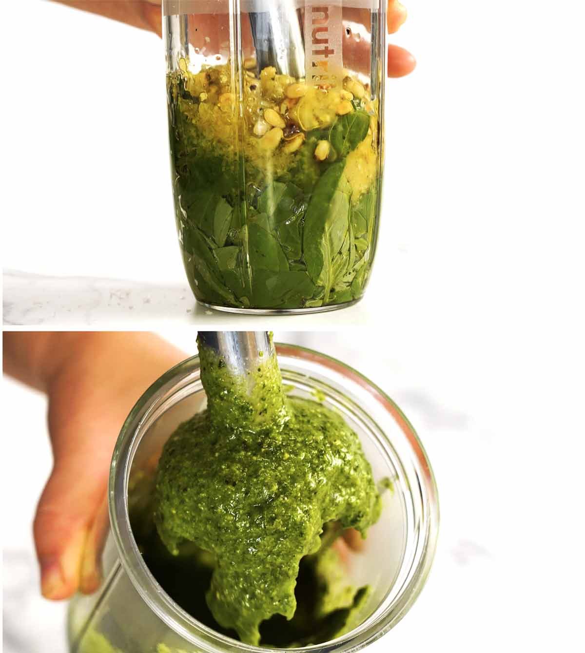 Making pesto for pesto pasta salad