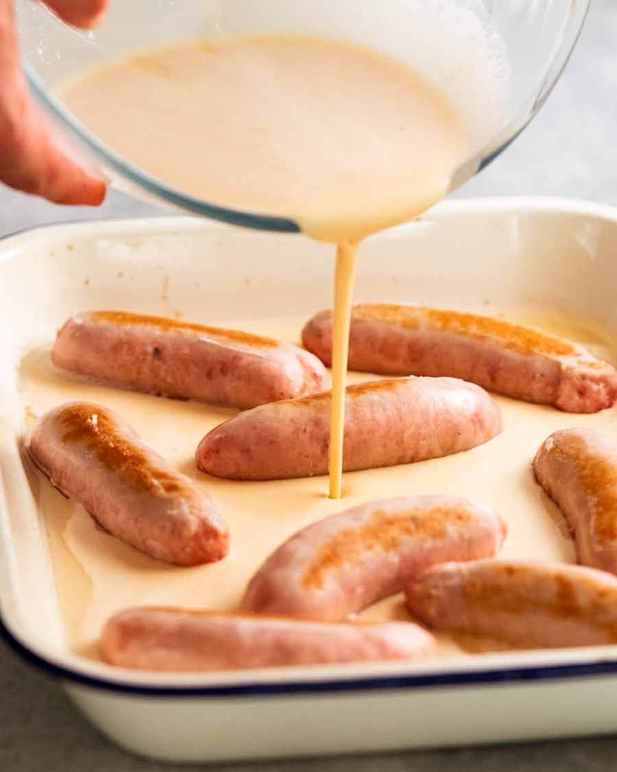 Pouring batter into Toad in the hole