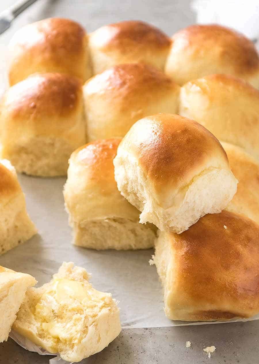 No Knead Soft Dinner Rolls fresh out of the oven, ready to be eaten