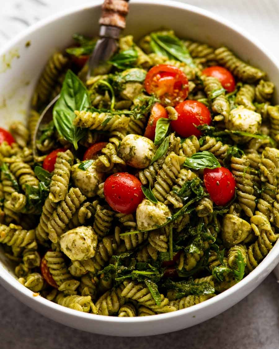 Big bowl of Pesto pasta salad