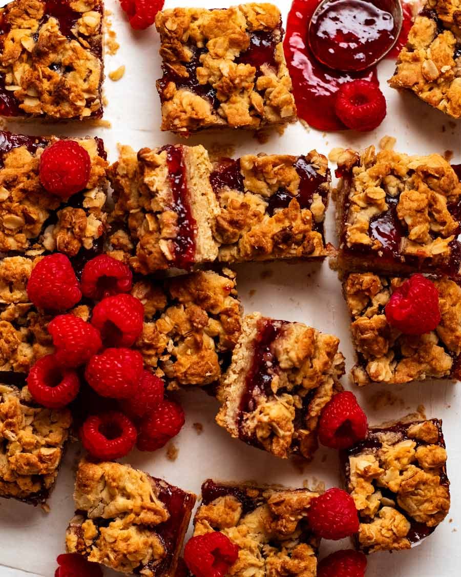 Overhead photo of Raspberry jam oat bars