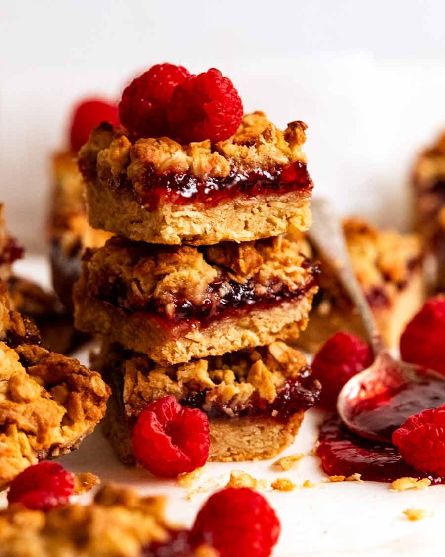 Stack of Raspberry jam oat bars