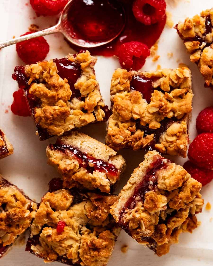 Close up overhead photo of Raspberry jam oat bars