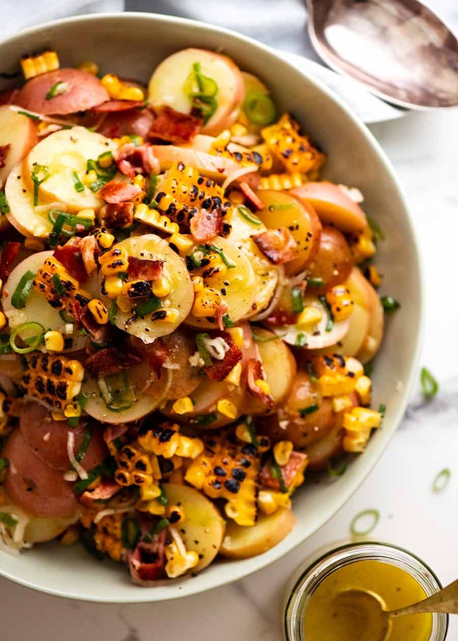 Overhead photo of Red Potato Salad with Bacon and Corn