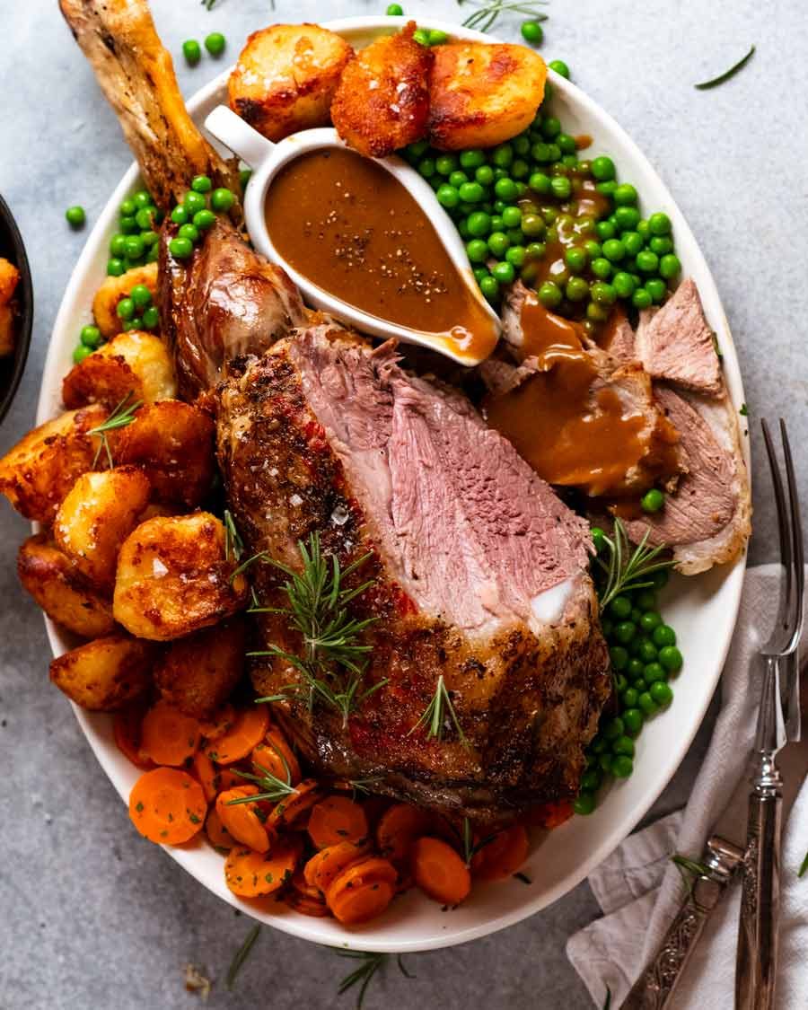 Roast lamb leg dinner with sides