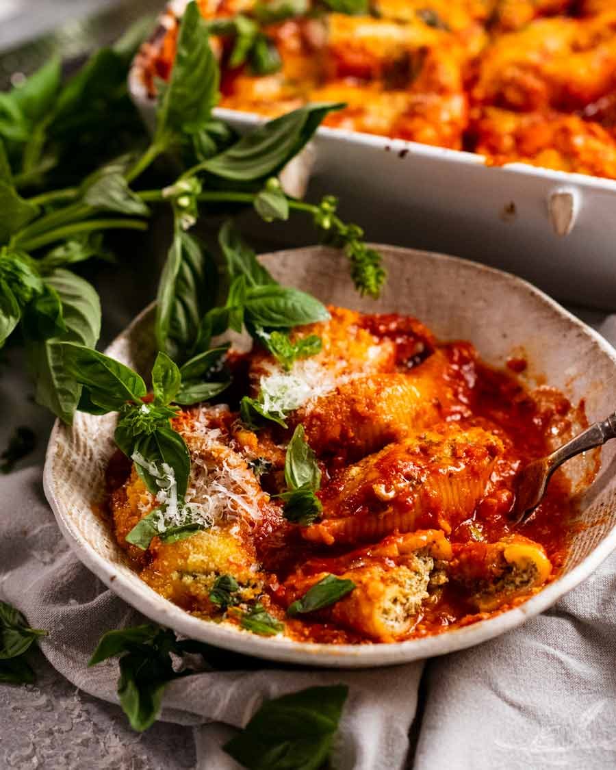 Bowl of Spinach ricotta stuffed shells