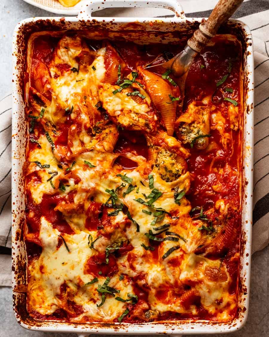 Freshly baked Spinach ricotta stuffed shells