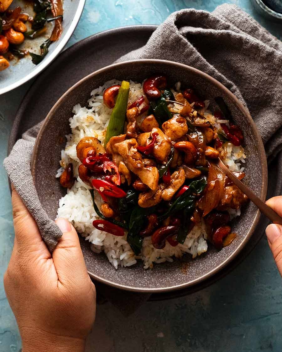 Thai Cashew Chicken Stir Fry in a bowl served with Jasmine rice