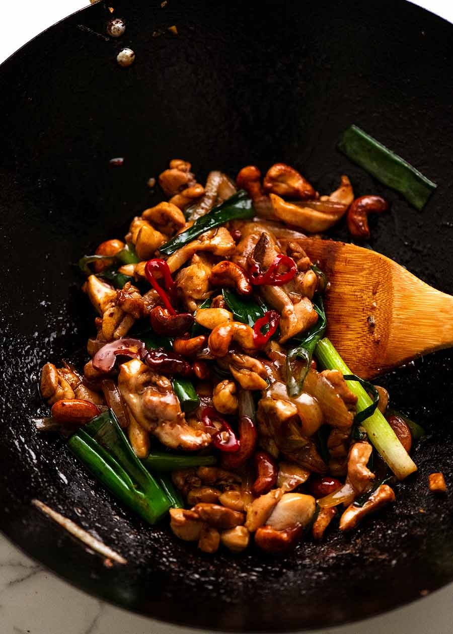 Freshly made Thai Cashew Chicken Stir Fry in a wok