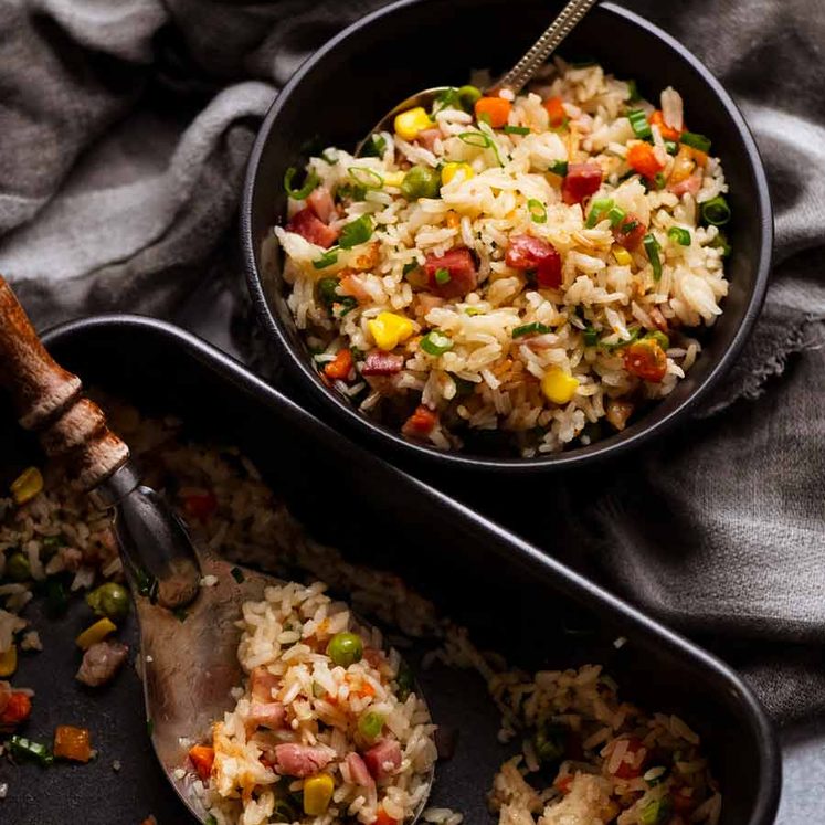 Overhead photo of "Dump 'n Bake" Fried Rice in bowls, ready to be eaten