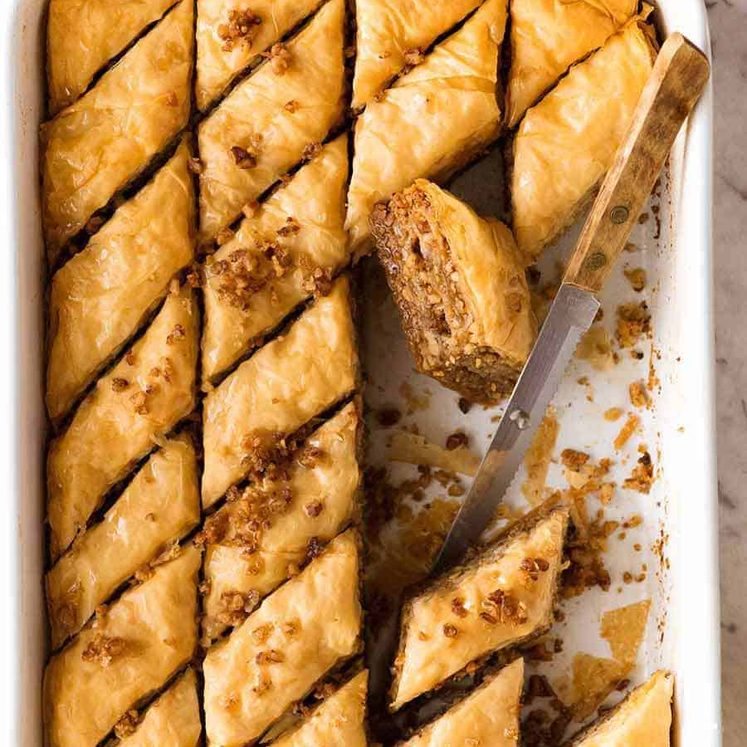 Overhead photo of Baklava in a white pan