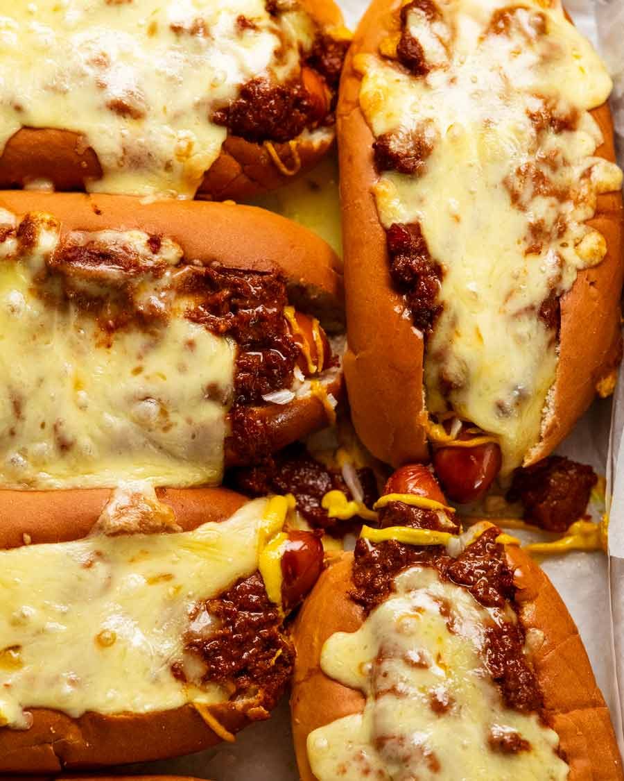 Freshly baked Chili dogs