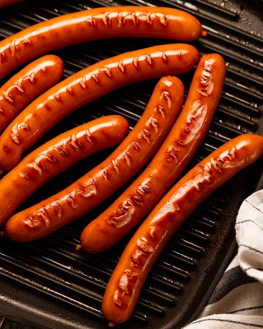 Pan frying smoked sausages from chili dogs