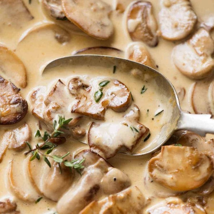 Close up of spoon scooping up Creamy Mushroom Sauce