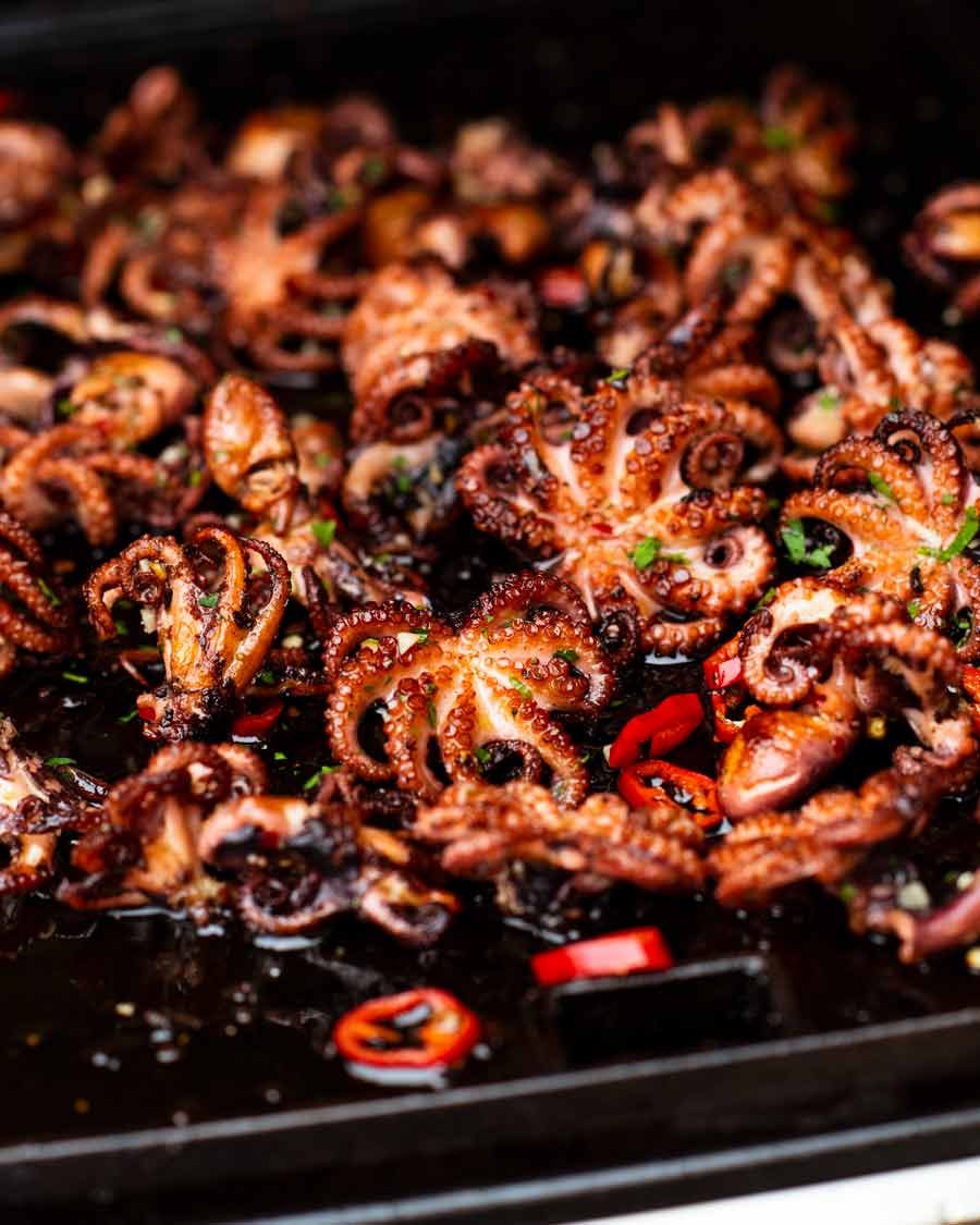 Grilling Crispy marinated baby octopus