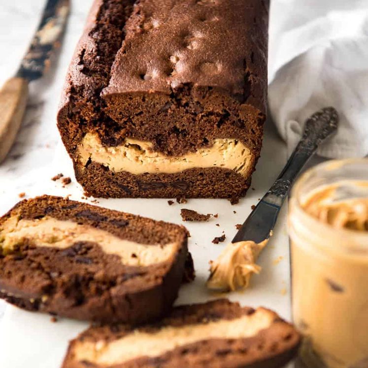 Peanut Butter Cheesecake Stuffed Chocolate Loaf - Moist chocolate quick bread stuffed with creamy peanut butter cheesecake. It's your dream come true! recipetineats.com