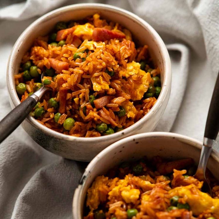 Red Vietnamese Fried Rice in a bowl ready to be eaten