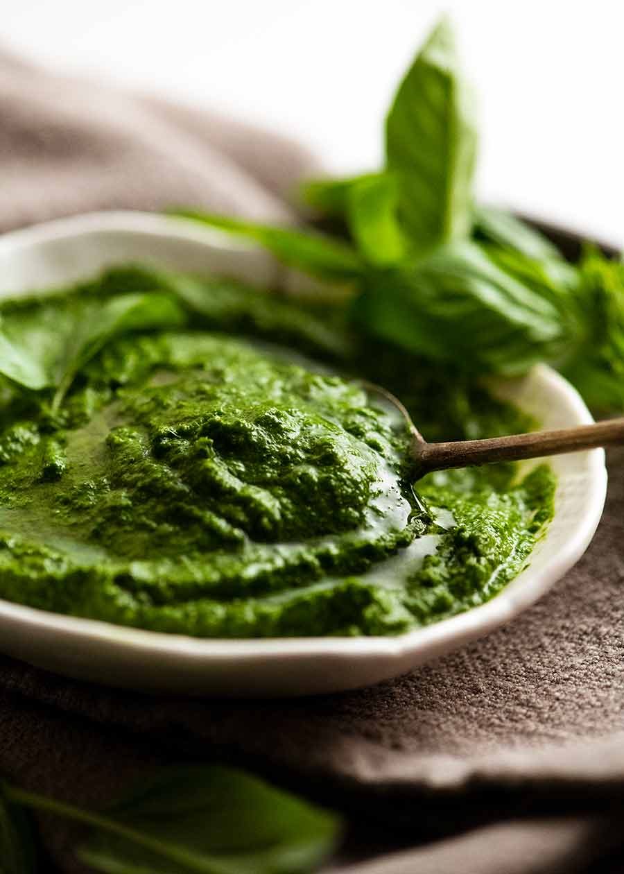 Salsa Verde in a dish with a spoon