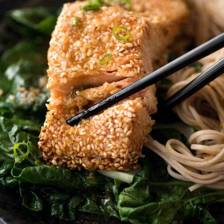 Just roll the salmon in sesame seeds, drizzle with oil and bake! You'll be amazed how well the sesame adheres to the salmon and love how crispy this Sesame Salmon comes out!