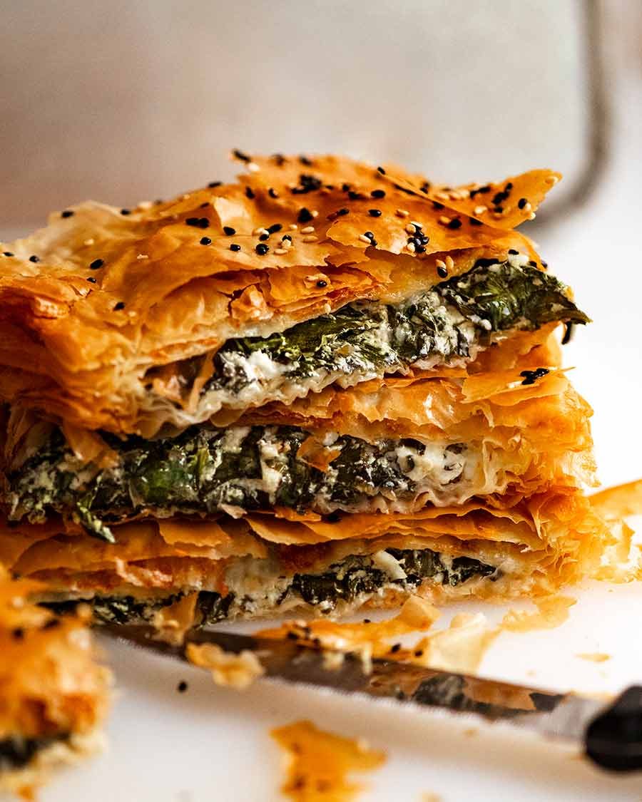 Stack of freshly baked Spanakopita slices