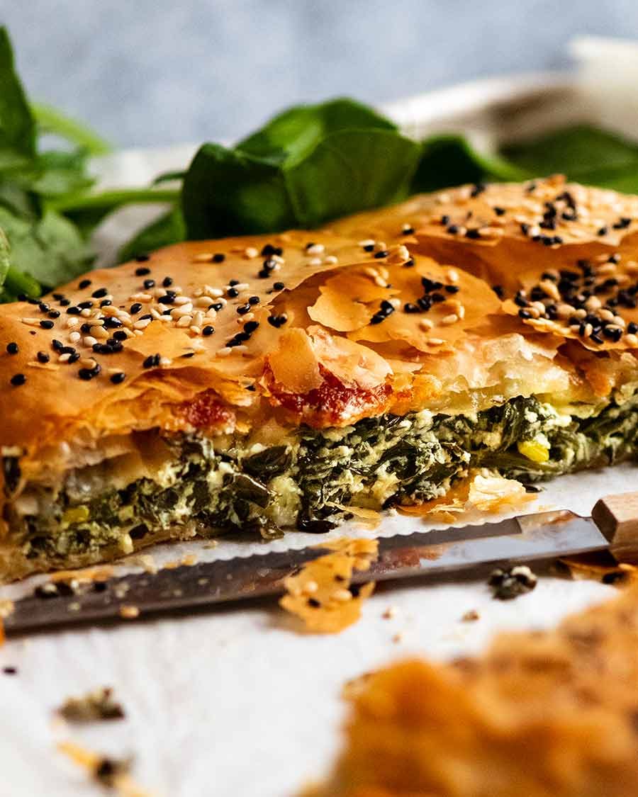 Close up of a cut Spanakopita