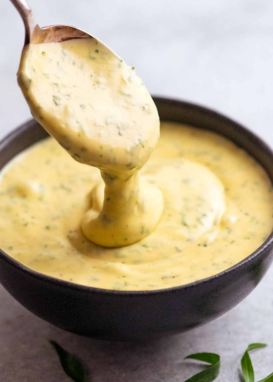 bearnaise-sauce-2 Spoon scooping up Bearnaise Sauce from a bowl