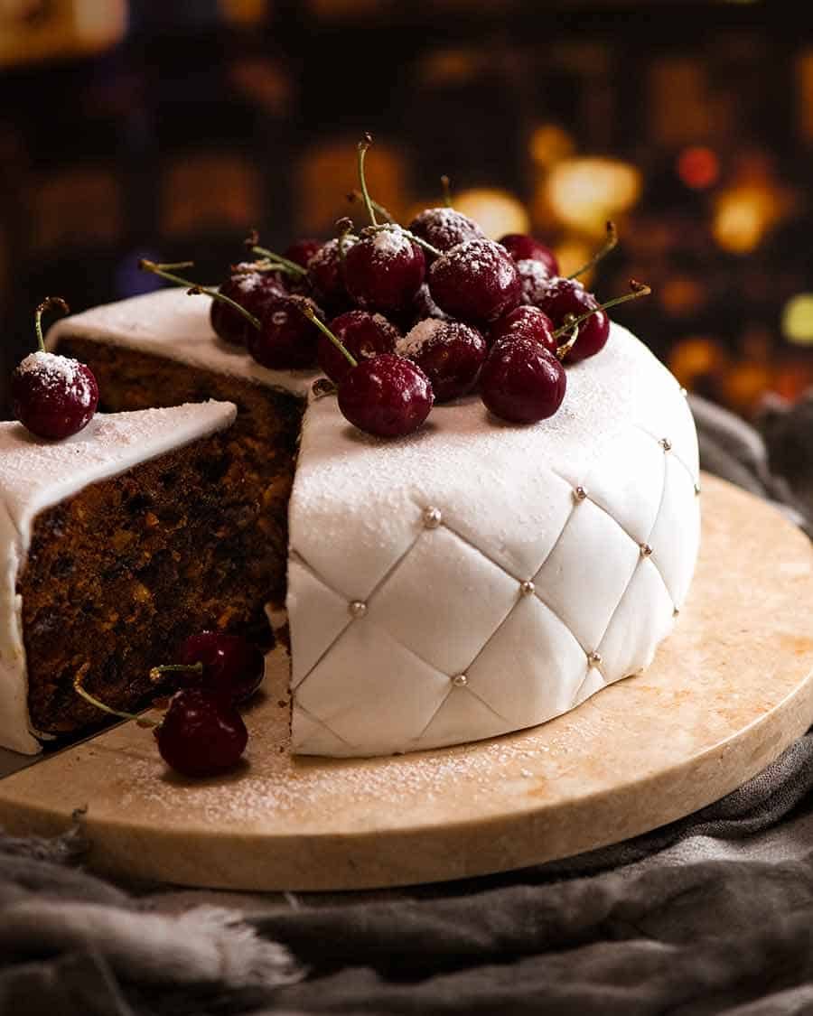 christmas-cake-decorated-with-fondant-marzipan-and-cherries Christmas Cake - easy moist fruit cake decorated with traditional white fondant