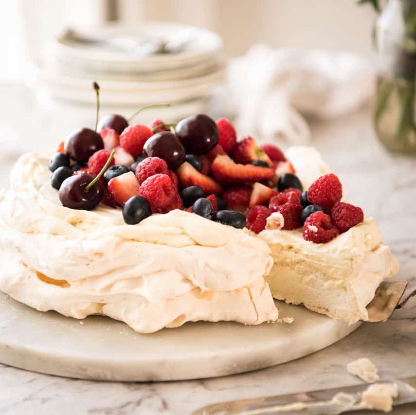 pavlova-8-sq Pavlova on a white marble serving platter, ready to be served