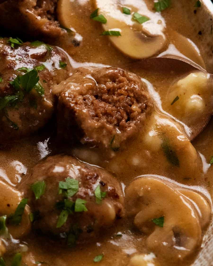 salisbury-steak-meatballs_2 Cut open Salisbury steak meatballs to show how tender it is inside