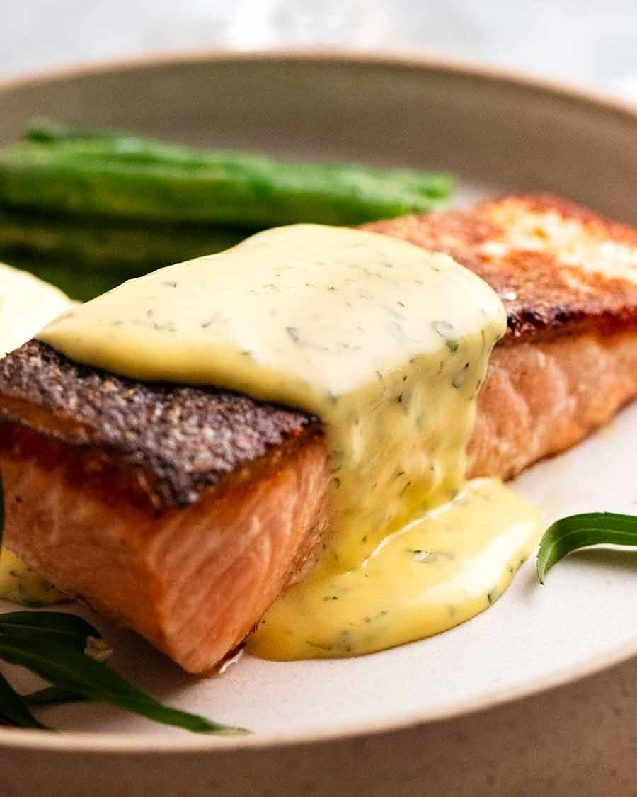 salmon-with-bearnaise-sauce-1 Crispy Skin Salmon served with Bearnaise Sauce