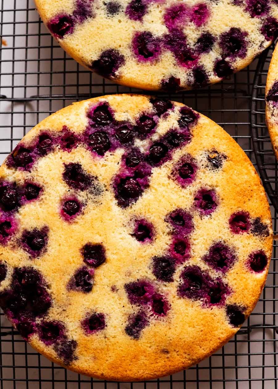 blueberry-cake-with-lemon-cream-cheese-frosting_6 Overhead photo of freshly baked blueberry layer cakes