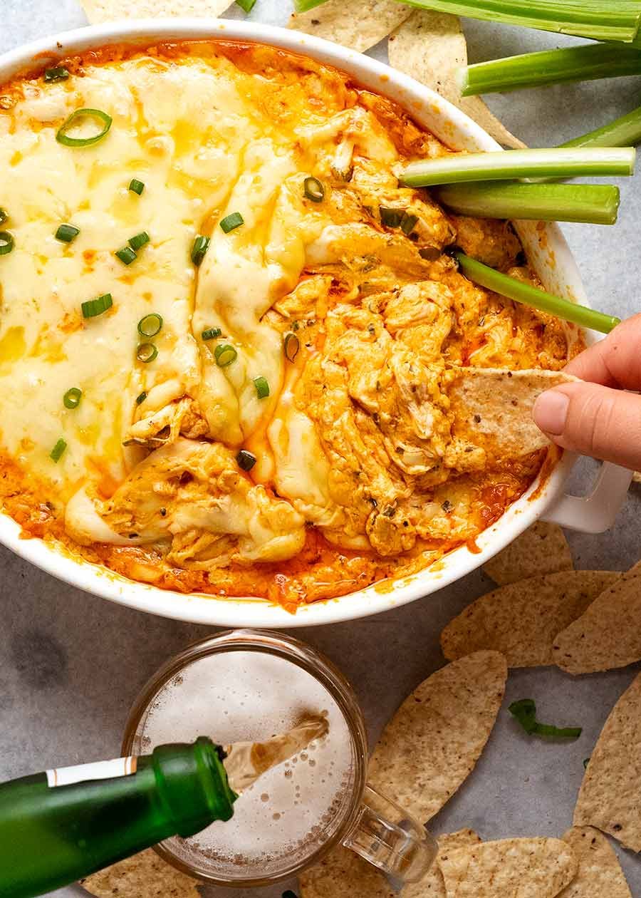buffalo-chicken-dip_9-1 Overhead photo of people eating Hot Buffalo Chicken Dip