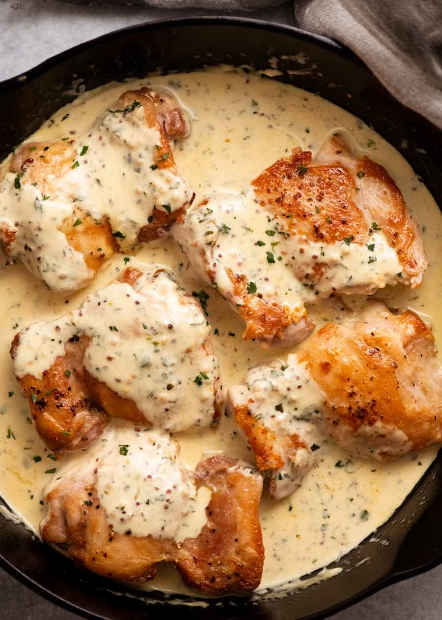 chicken-in-creamy-mustard-sauce_3 Freshly made Chicken with Creamy Mustard Sauce in a skillet ready to be served
