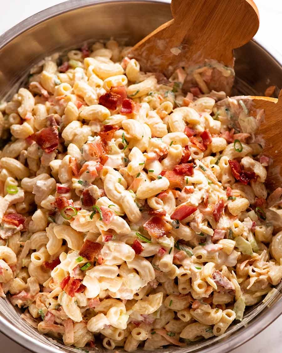 creamy-chicken-pasta-salad-in-a-bowl Big bowl of Chicken Pasta Salad with Creamy Dressing