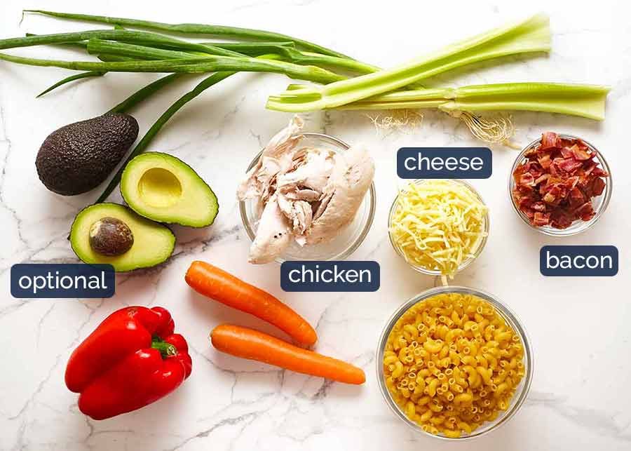 creamy-chicken-pasta-salad-ingredients Ingredients in Chicken Pasta Salad with Creamy Dressing